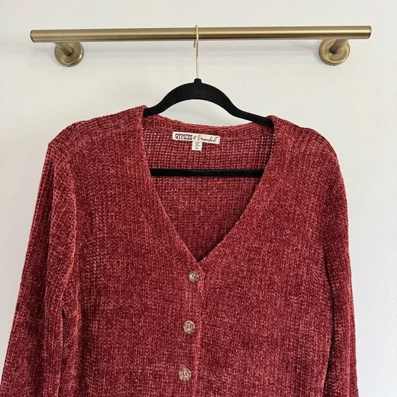 Gypsies & Moondust Burgundy Chenille Knit Button Cardigan Sweater Top - Picture 4 of 7